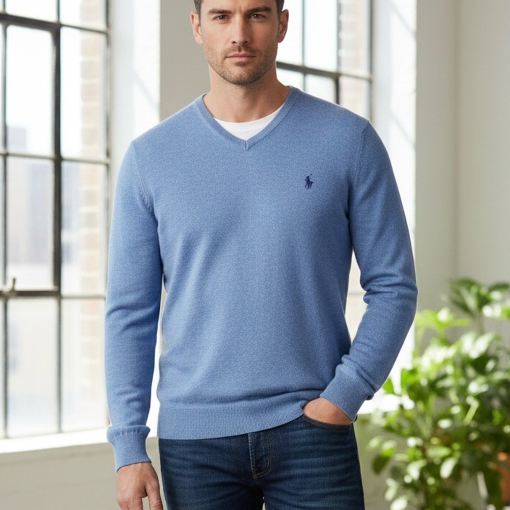 POLO Ralph Lauren Men's Pima Cotton Blue V-Neck Preppy Sweater Size Medium